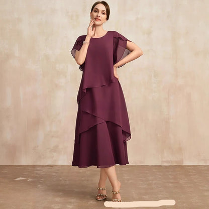 Womens Chiffon Loose Belly-Covering Layered Ruffle-Trim Dress