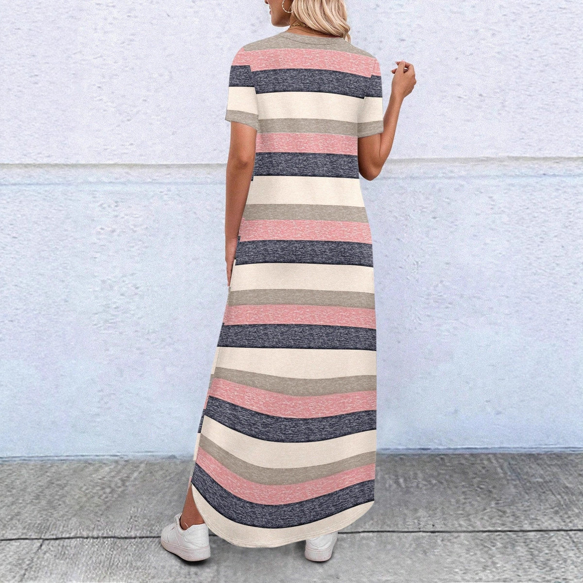 Solid-color Crew-neck Pocket Short-sleeve Dress
