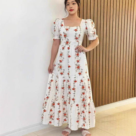 Long Luxurious Short Sleeve Printed Dress