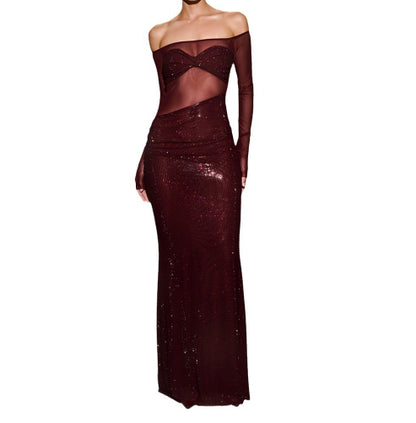 Womens Sexy Long Figure-hugging Off-shoulder Dress