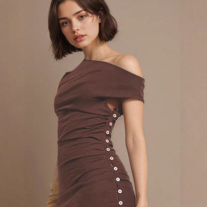 Elegant Cotton Sleeveless Tank Dress With A Fitted Waist And Single-breasted Cardigan-style Closure