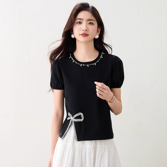 Round Neck Design Bow Beaded Short Top