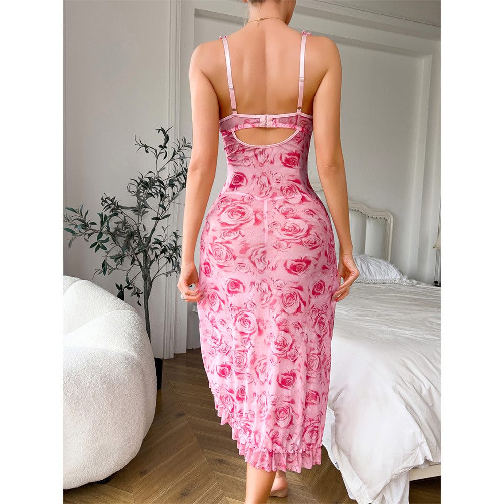 Sexy Rose Print See-through Dress T Back Sexy Underwear Two-piece