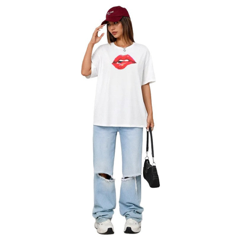 American-style Pure Cotton Short-sleeve Top With A Red Lip Print