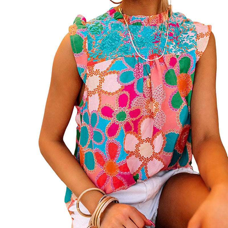 European And American Sleeveless Ruffled Printed Top For Women