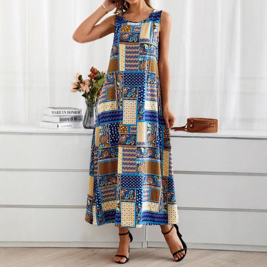 National Style Patchwork Print Dress With A Casual V-neck Design