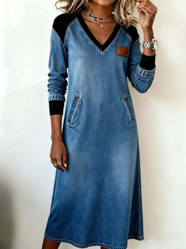 Womens Casual Color-block V-neck Dress