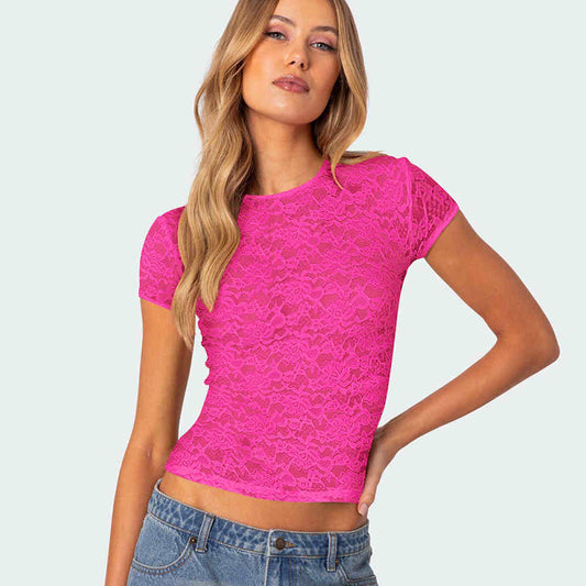 Women's Round Neck Lace Short Sleeve Slim Top