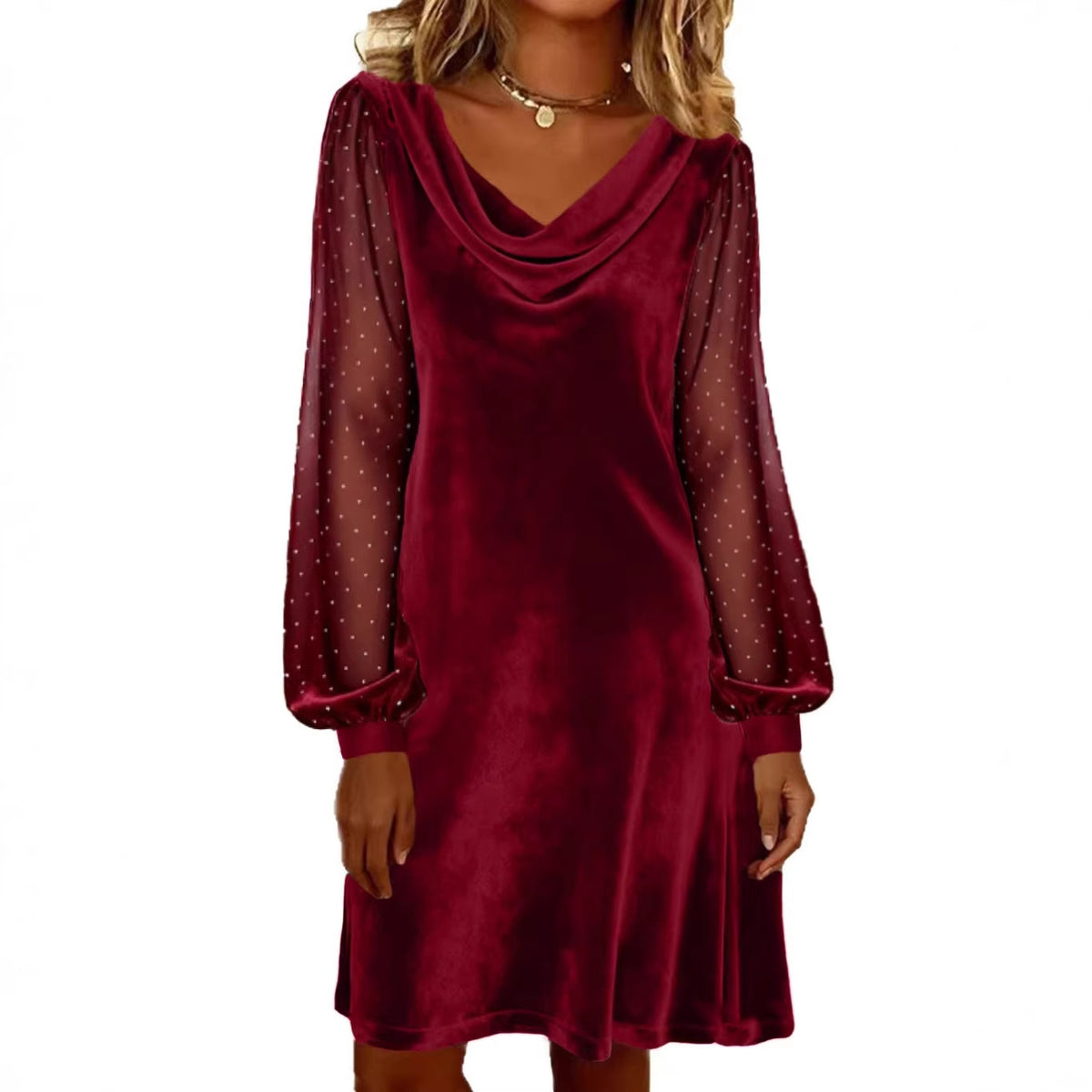 Womens Solid-Color V-Neck Mesh Dress