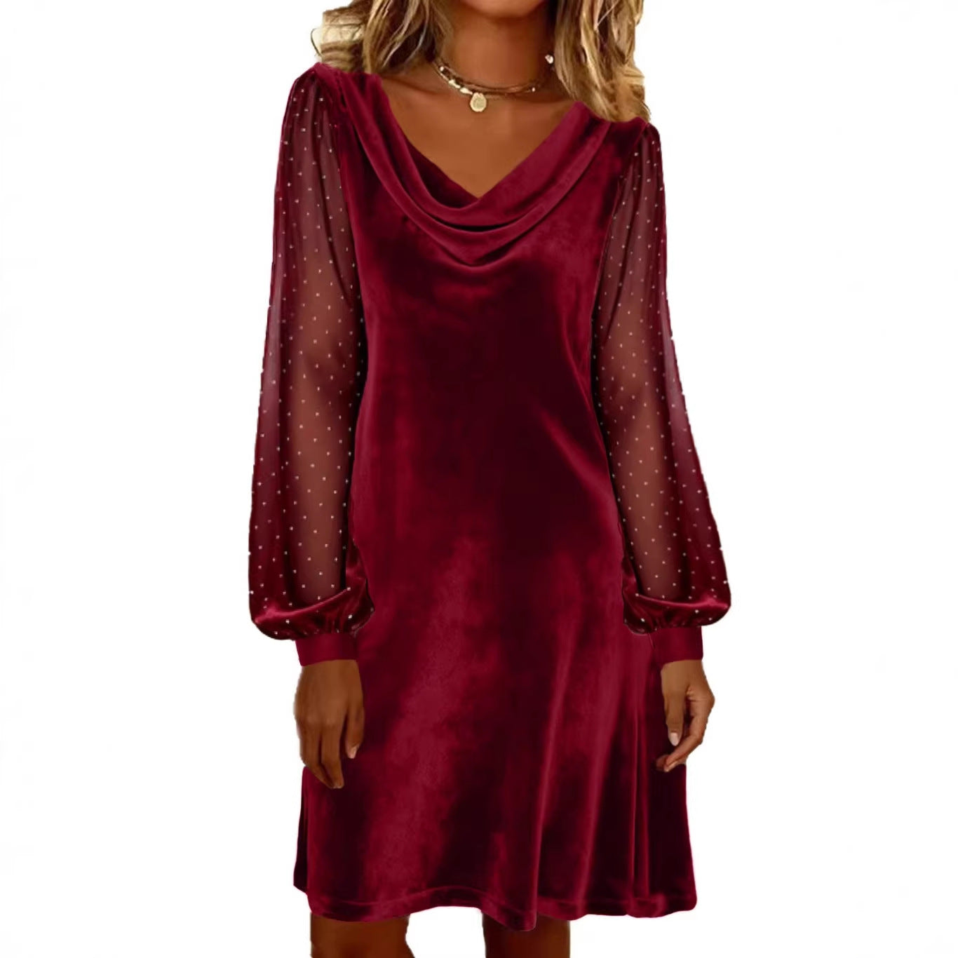 Womens Solid-Color V-Neck Mesh Dress