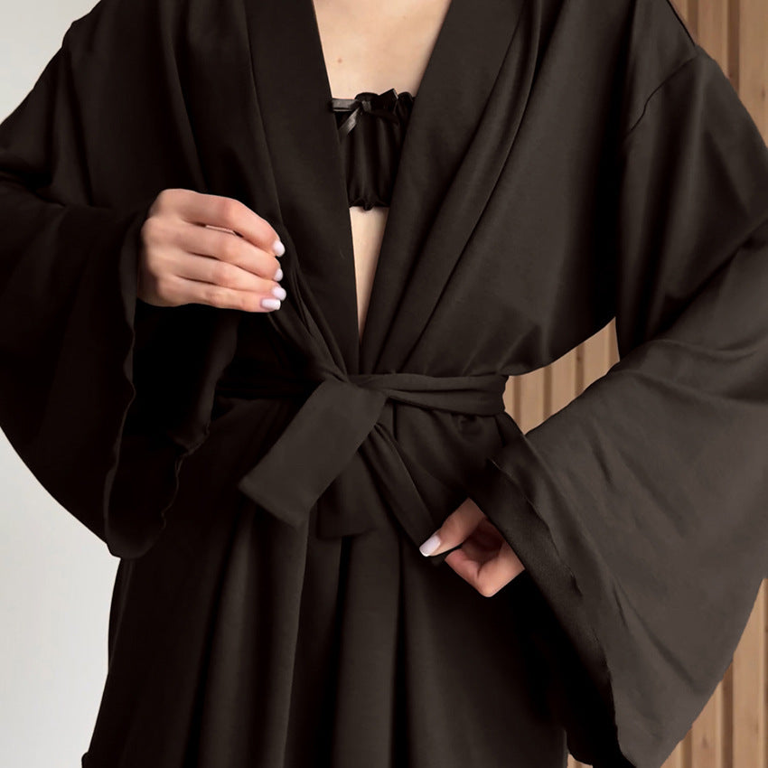 Womens Pajama Set Knitted Underwear With Ruffle Trim Robe And High-Slit Pants