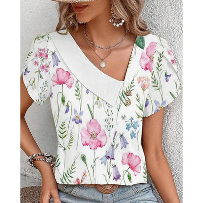 Casual Diagonal Collar Short-sleeved T-shirt