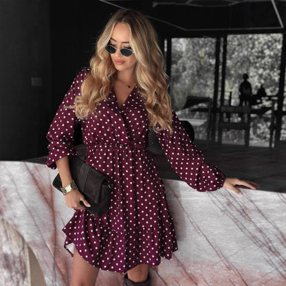 Womens Fashion Polka-Dot V-Neck Long-Sleeve Elastic-Waist Dress