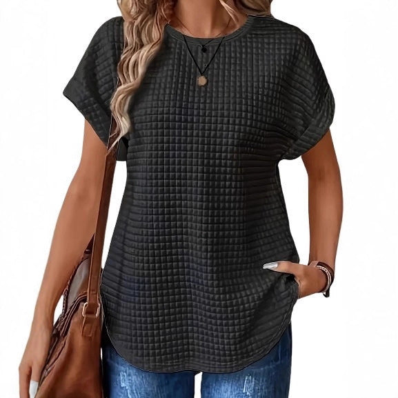 Solid Color Crew-neck Batwing Sleeve Shirt Top