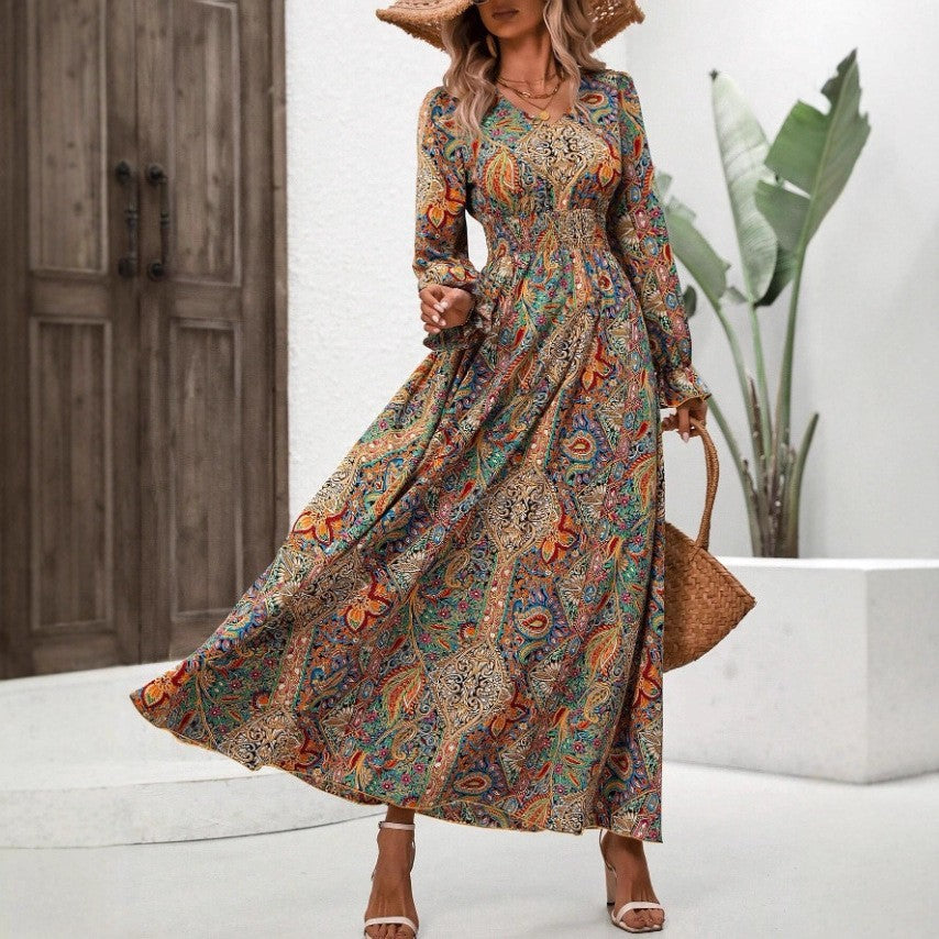 New Floral-print V-neck Long-sleeve Swing Maxi Dress