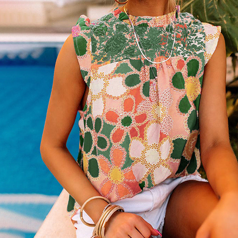 European And American Sleeveless Ruffled Printed Top For Women