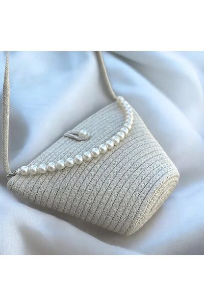 Women Beige Pearl Design Classic Shoulder Bag