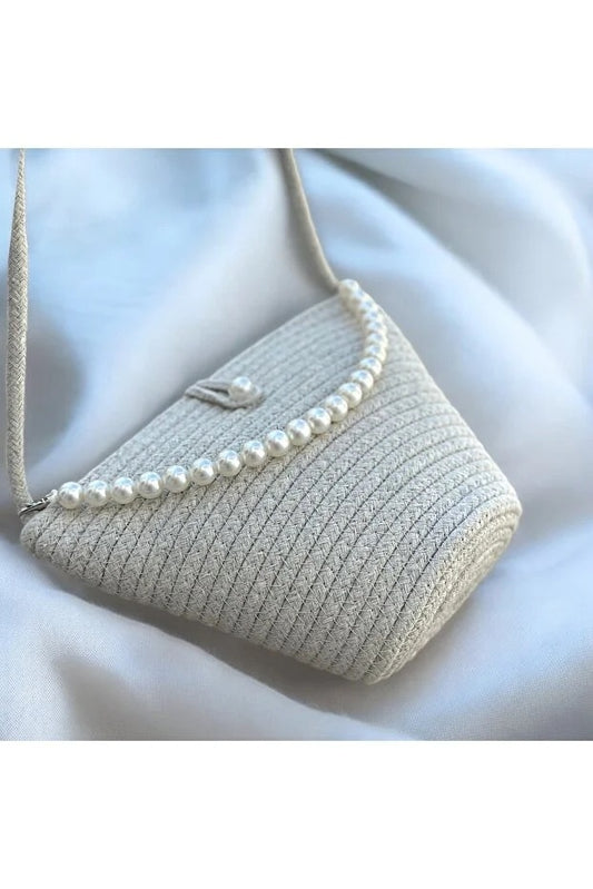 Women Beige Pearl Design Classic Shoulder Bag