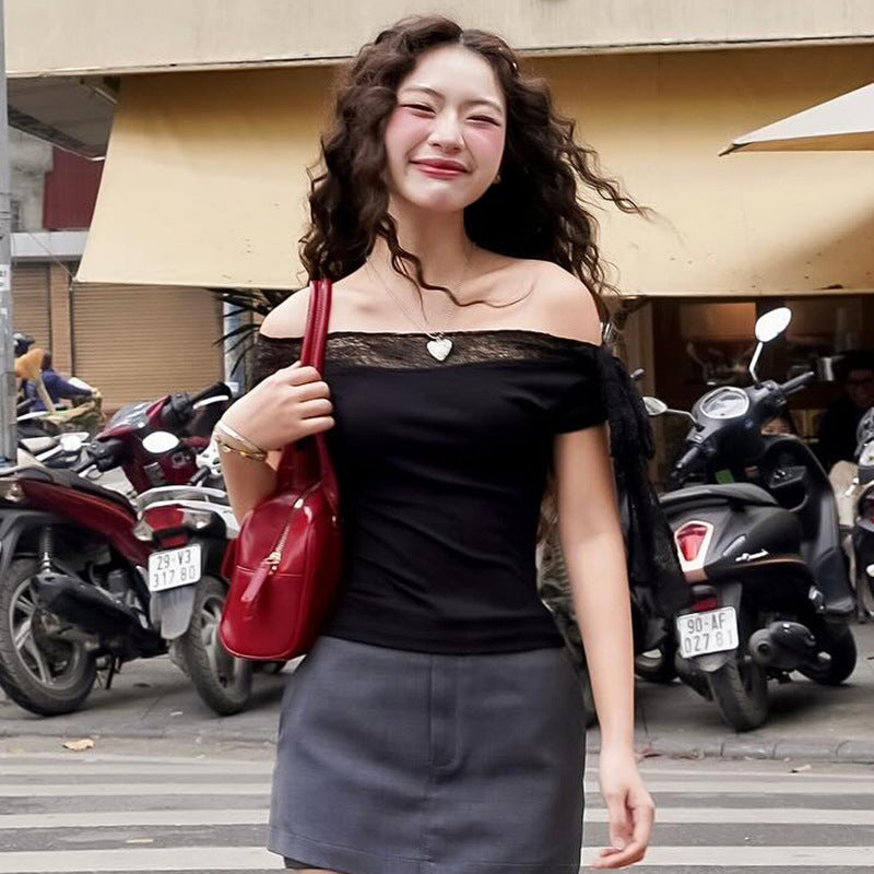 Solid Color Off-neck Sexy Lace Stitching Top