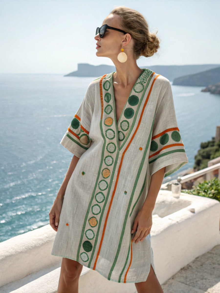 Womens V-neck Dress For Beach Vacations 3D-printed Relaxed Fit