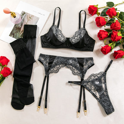 Embroidered Hollow Out See-through Stitching Underwear Suit With Stockings