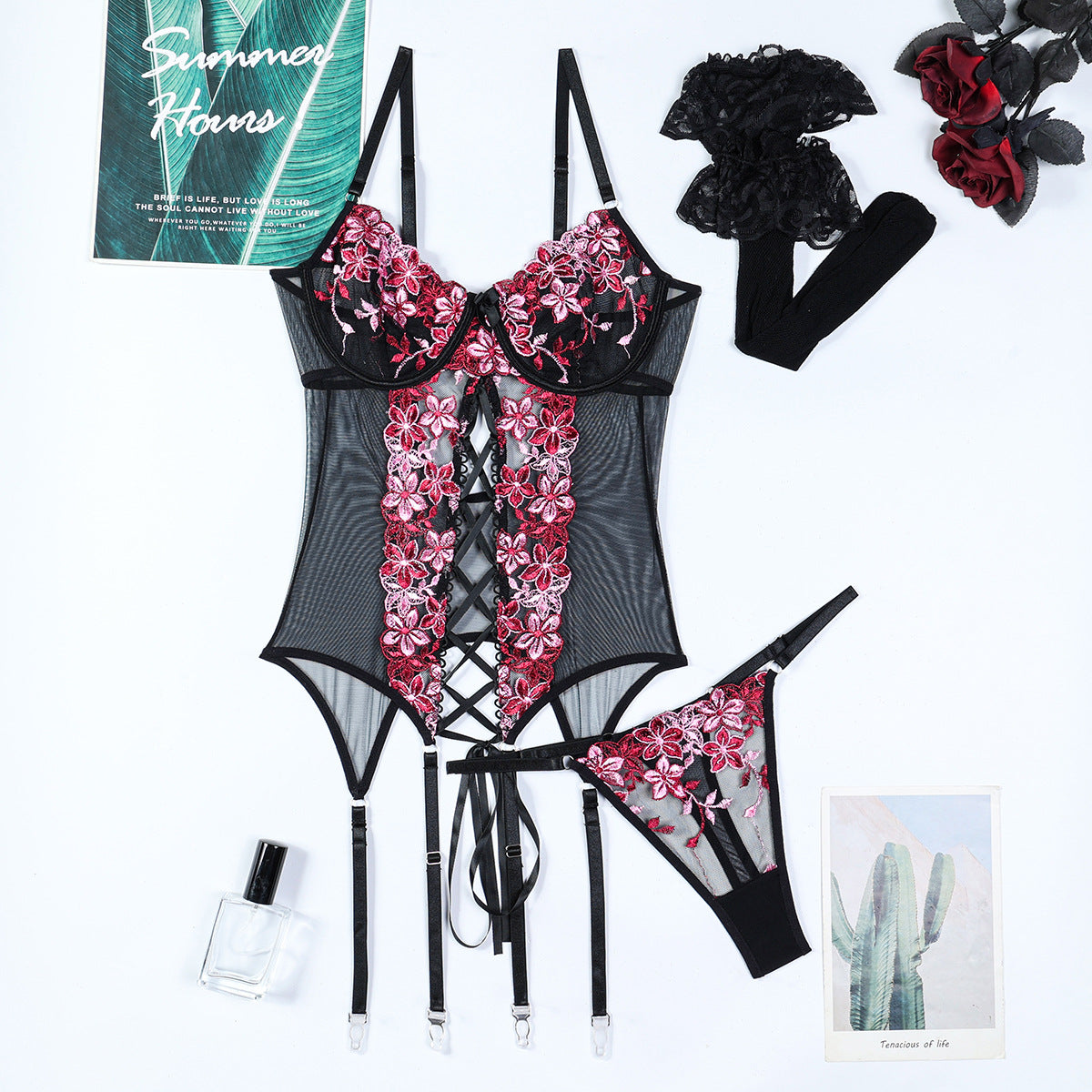 Embroidered Split Sexy Suspenders Underwear Overall Dress Suit Stockings Three-piece Set