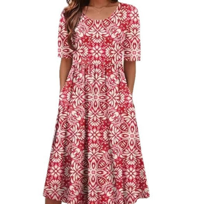Womens Round-Neck Mid-Waist Printed Swing Dress