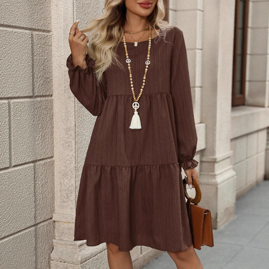 Womens Solid-Color Crew-Neck Casual All-Match Dress