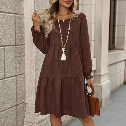 Womens Solid-Color Crew-Neck Casual All-Match Dress
