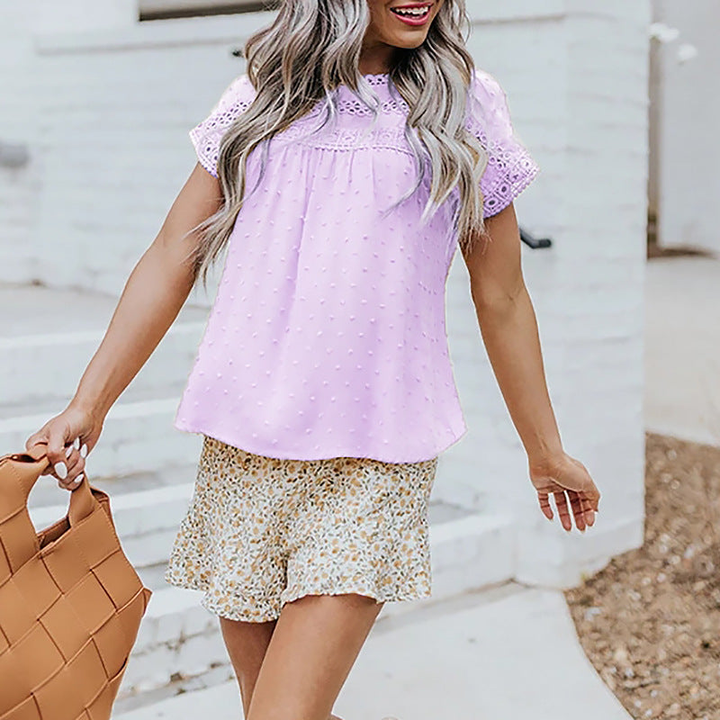 Woven Pompom Short-sleeved Casual Shirt