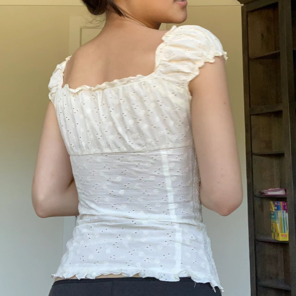 New Women's Pleated Shoulder Low Neck Button Folding Lace Tight Top