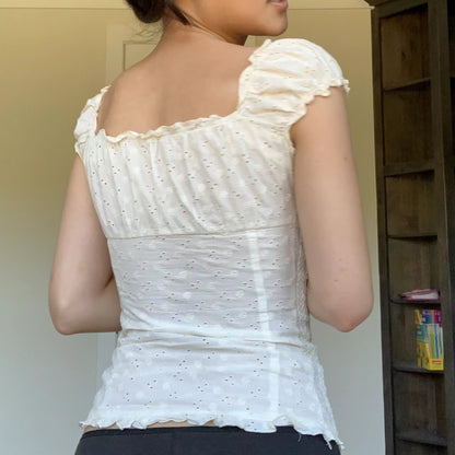 New Women's Pleated Shoulder Low Neck Button Folding Lace Tight Top