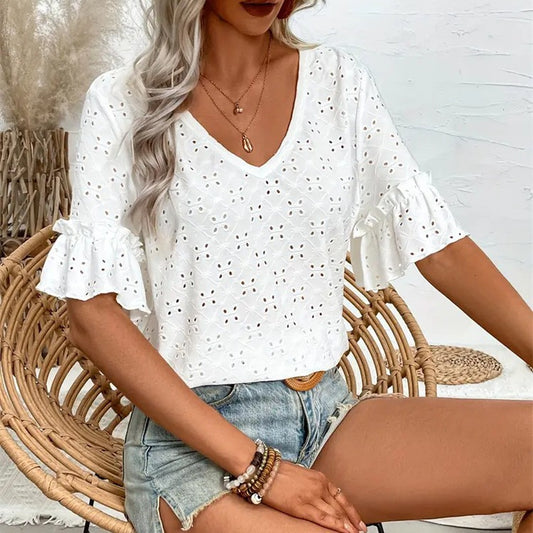 Knitted Embroidered Hollow Ruffled V-neck Short-sleeved Top