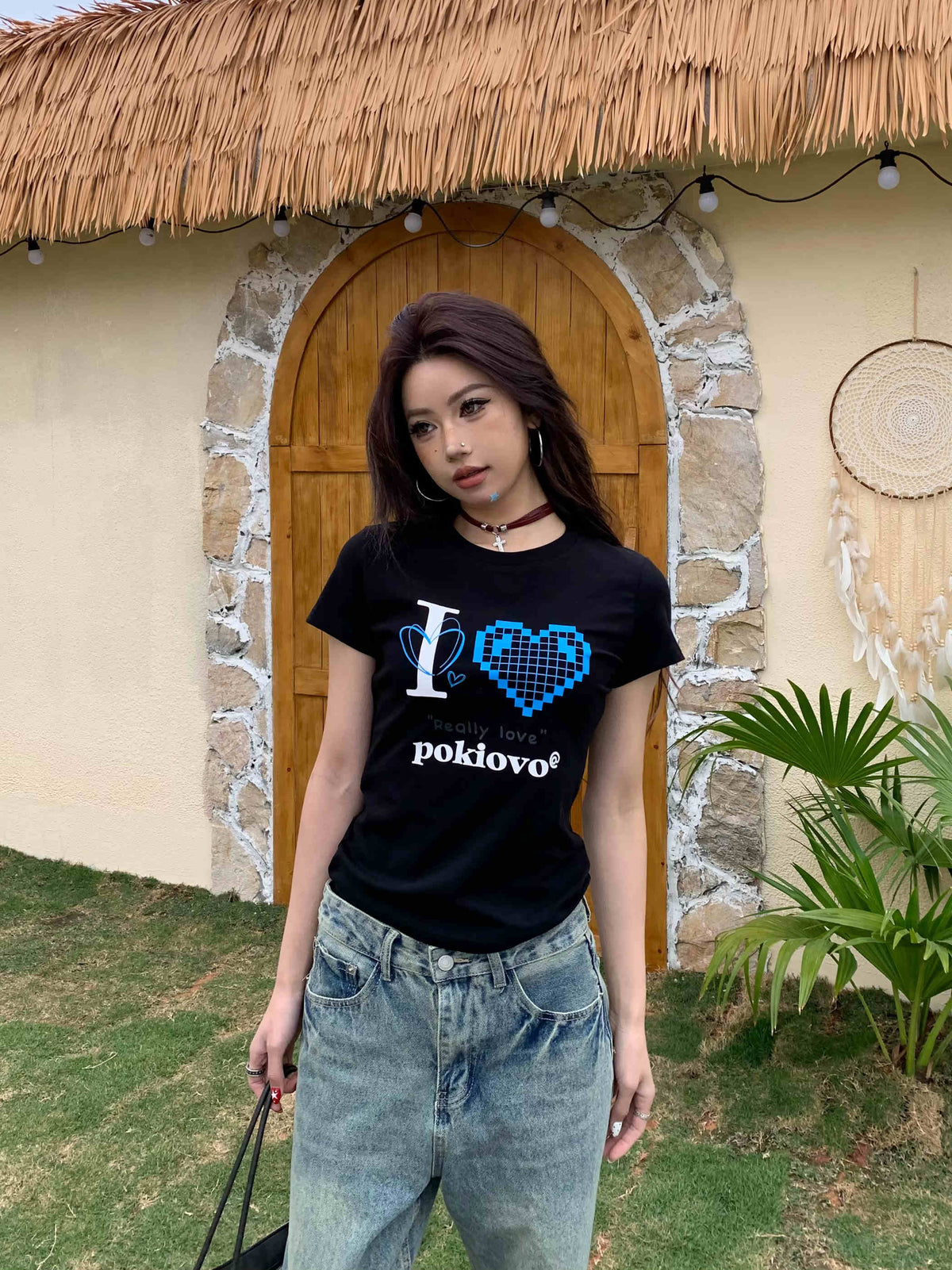 Shoulder T-shirt Female With Hearts Printed Short Sleeve Slim Top