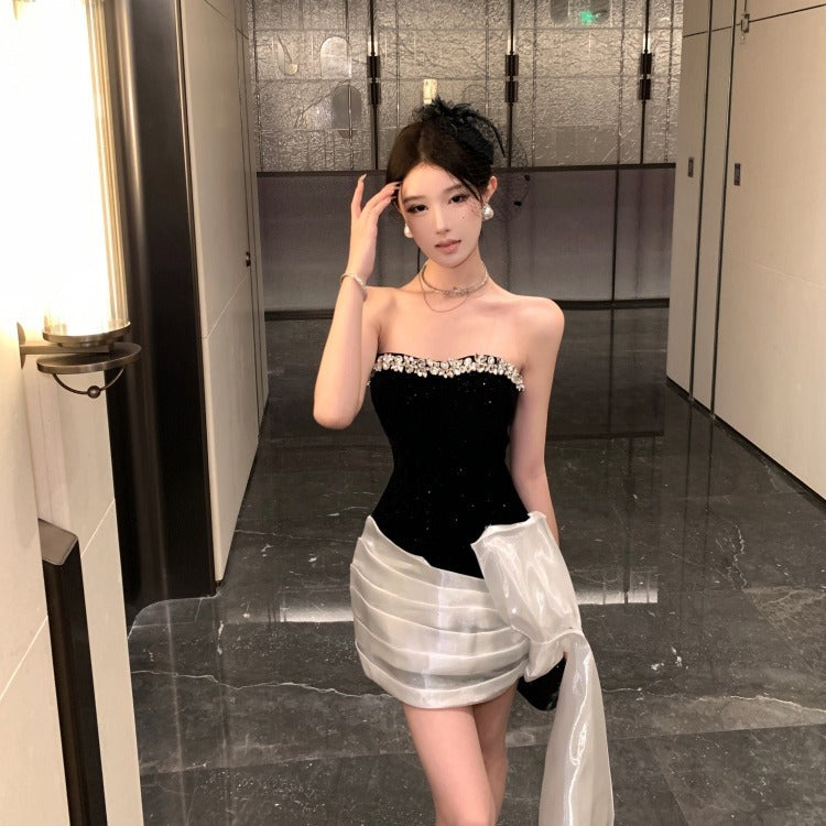 Light-luxury Niche Waist-cinching Contrast-color Sequin Dress