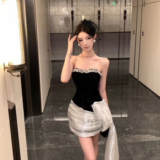 Light-luxury Niche Waist-cinching Contrast-color Sequin Dress