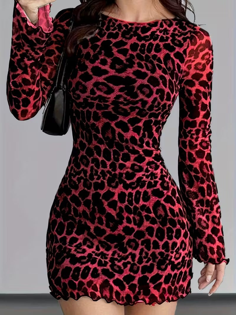 Womens Leopard Print Crew Neck Long Sleeve Dress