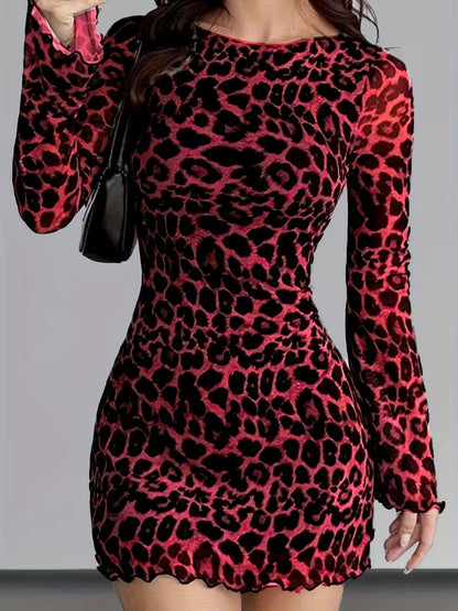 Womens Leopard Print Crew Neck Long Sleeve Dress