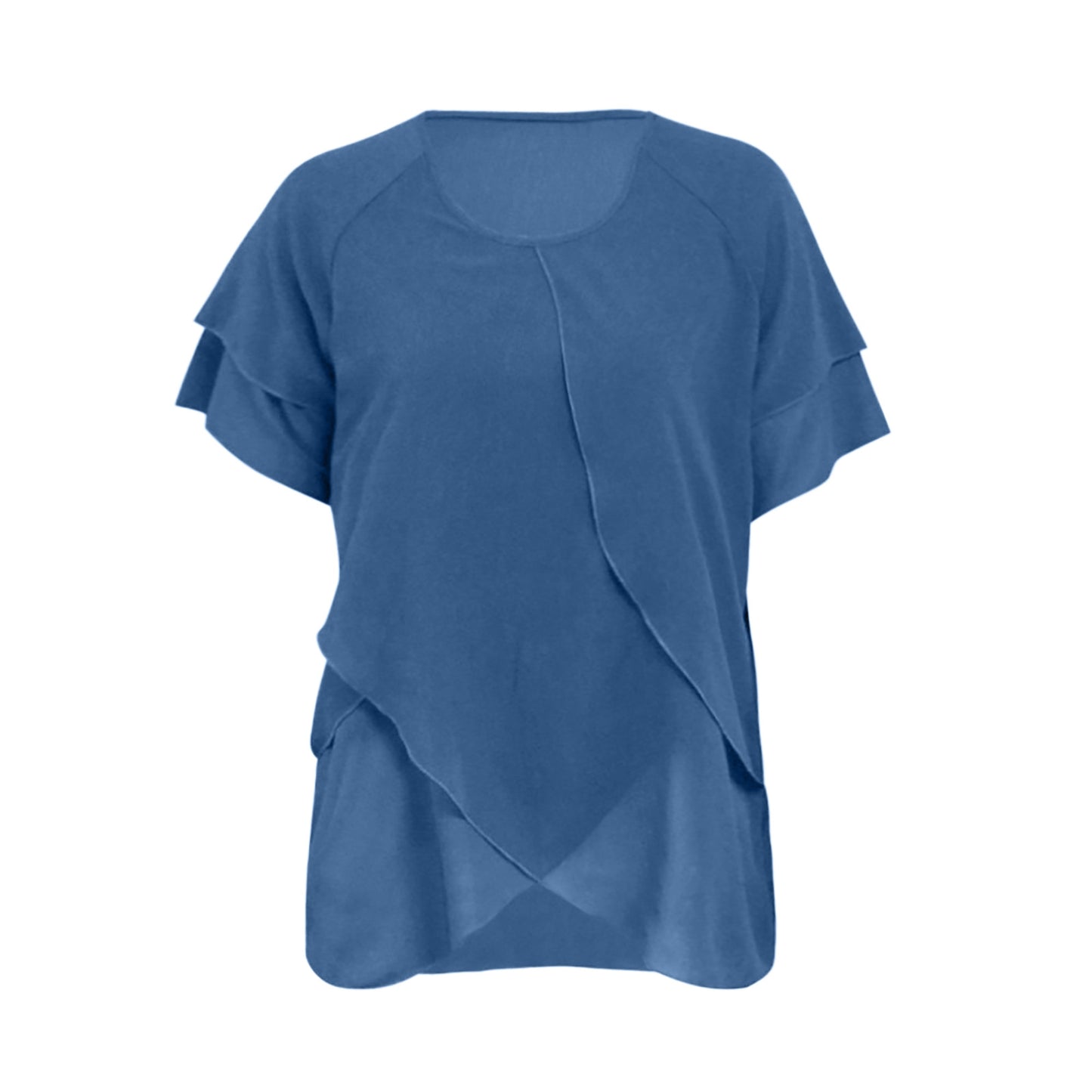 Women's Solid Color Chiffon Round Neck Multi-layer Stitching Short-sleeved Split Top