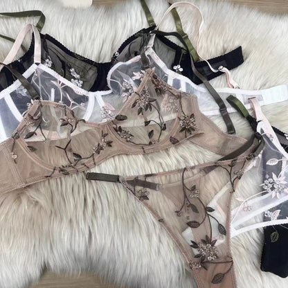 Summer Ultra-thin Sheer Mesh Embroidered Underwear Suit