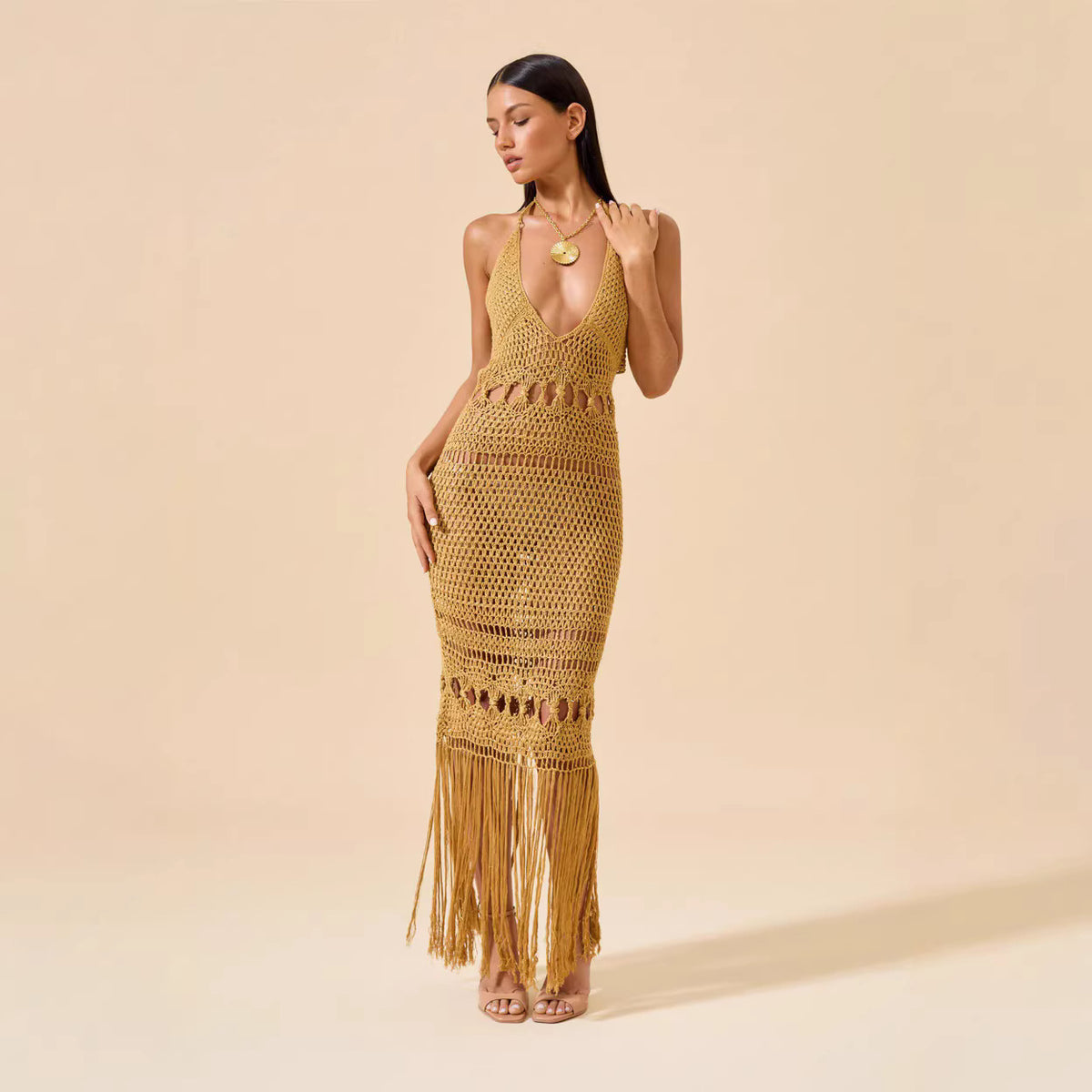 Strap Knit Sexy Hollowed-Out Fringe Maxi Dress