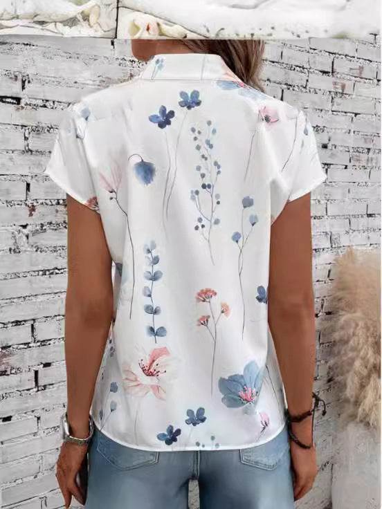 Women's Casual Stand Collar Short-sleeved Digital Printed Top T-shirt