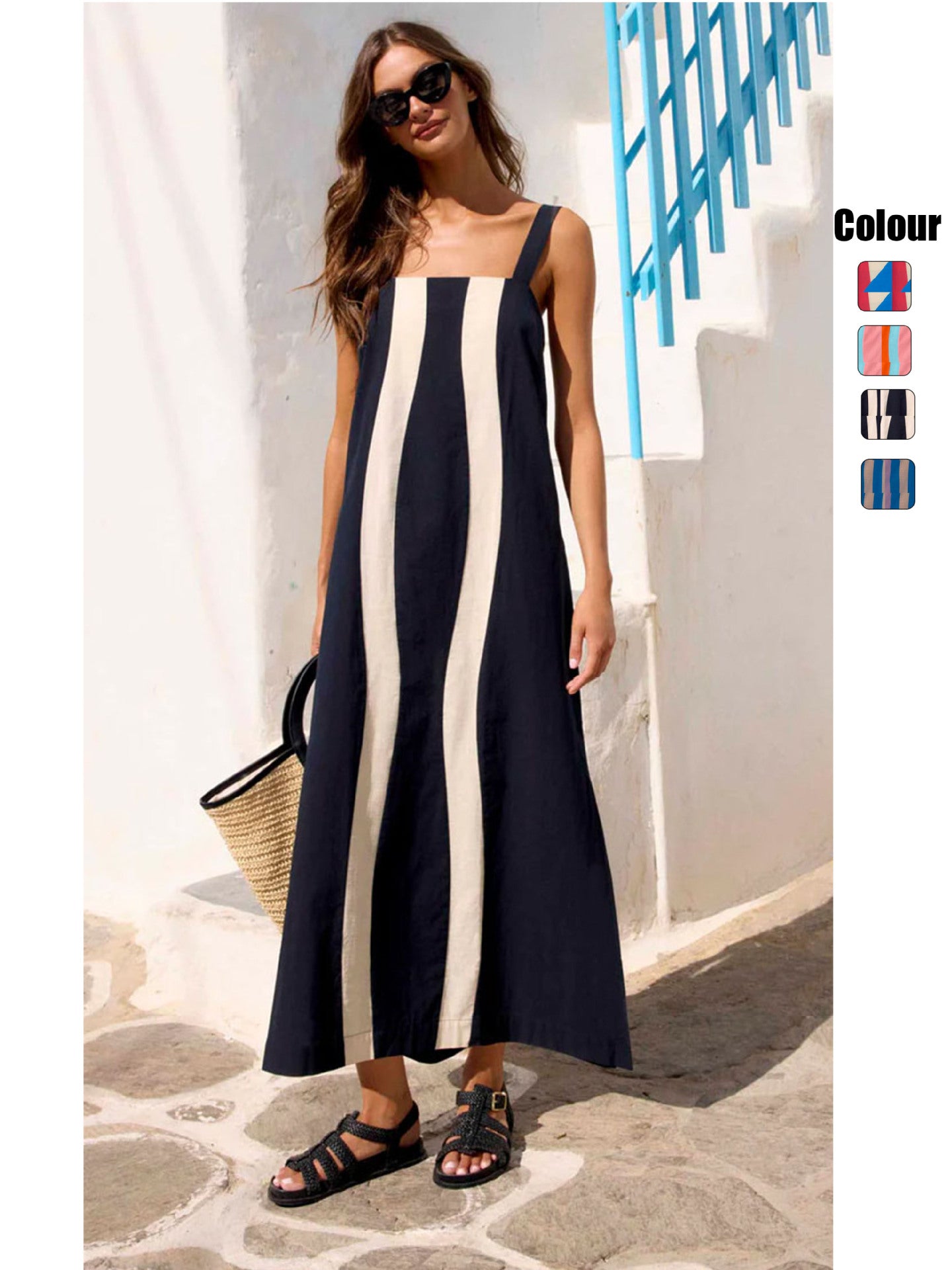 Strap Stripe Positioning Printed Mid Length Dress