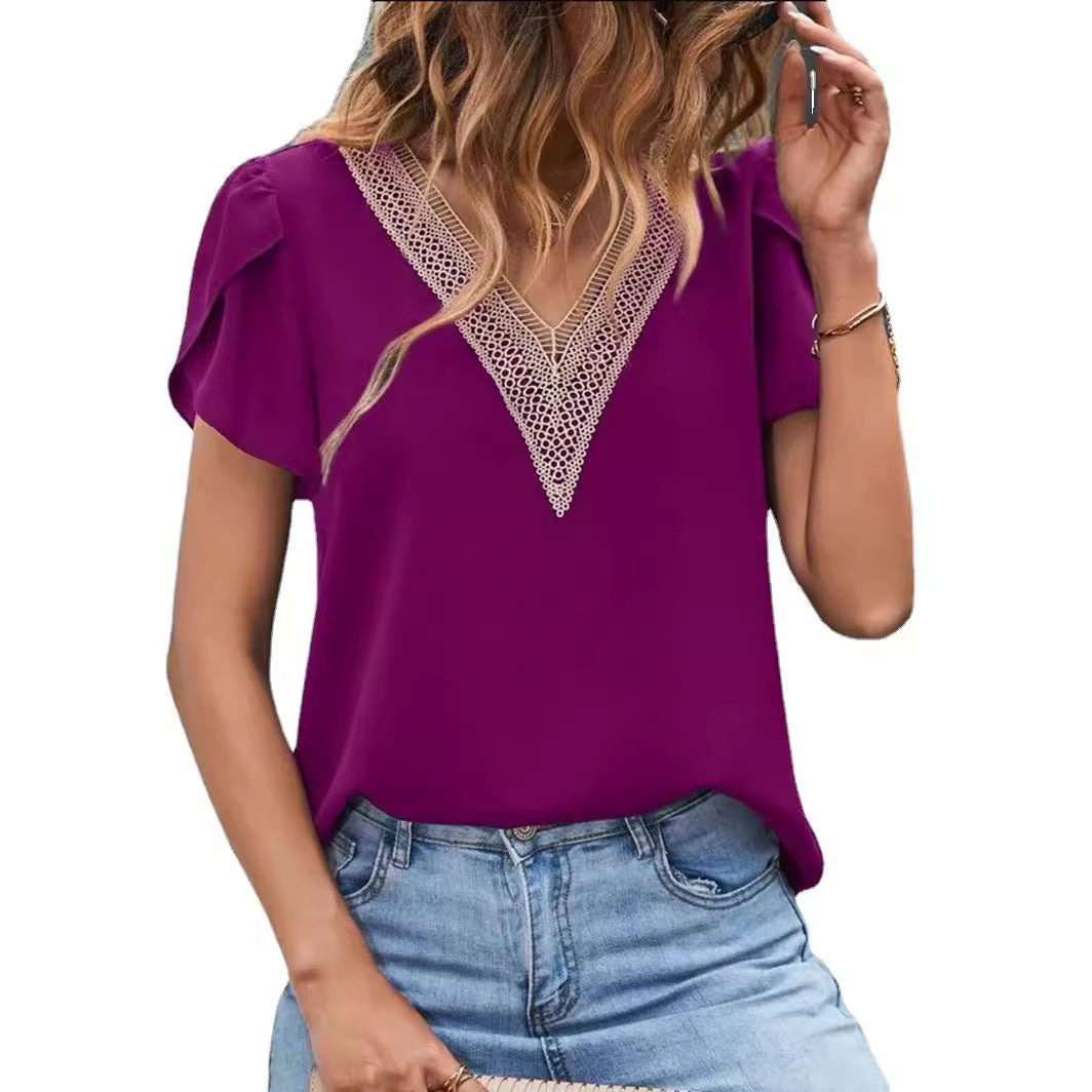V-neck Lace Casual Solid Color Shirt