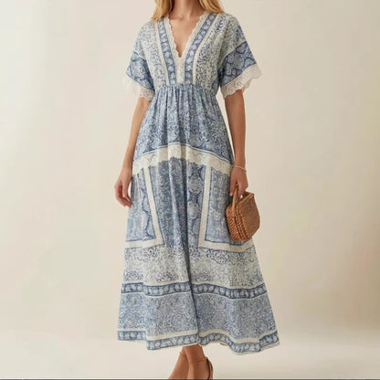 Chic V-neck Printed Waist-Cinching Short-Sleeve Womens Dress