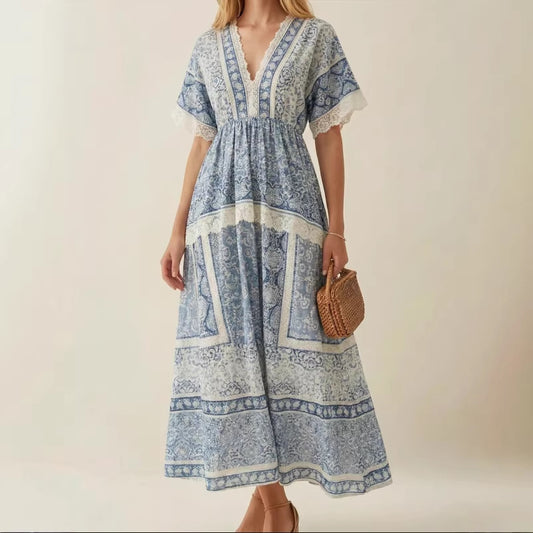 Chic V-neck Printed Waist-Cinching Short-Sleeve Womens Dress