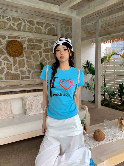 Shoulder T-shirt Female With Hearts Printed Short Sleeve Slim Top