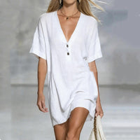 Short-Sleeve V-Neck Cotton-Linen Loose Dress