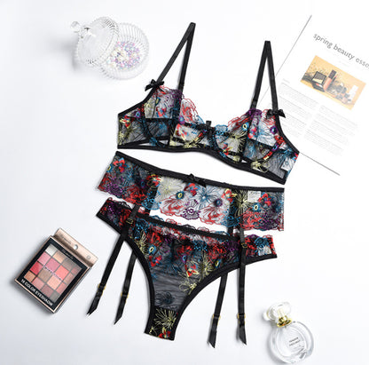 Embroidery Heavy Craft Floral Mesh Underwear Gathering Three-piece Set