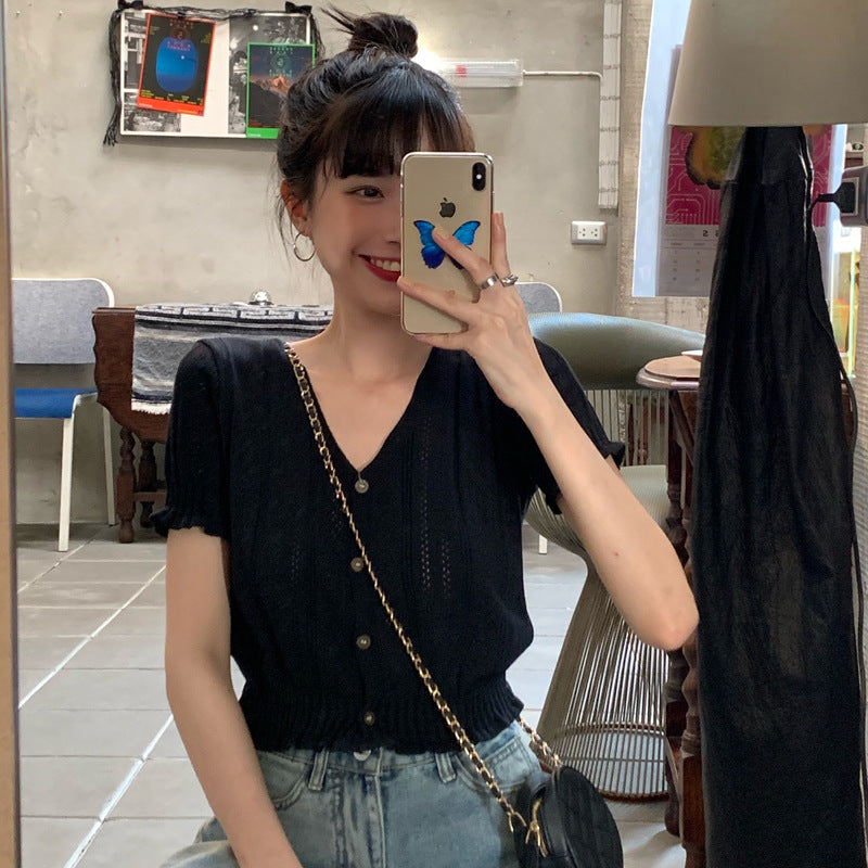 Retro Beige V-neck All-match Cropped Top Hollow Thin Knit T-shirt